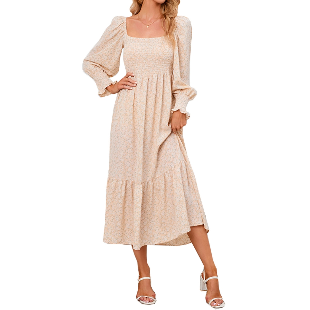 Women Spring Long Sleeve Chiffon Vintage Floral Print Shirred A-Line Midi  Dress