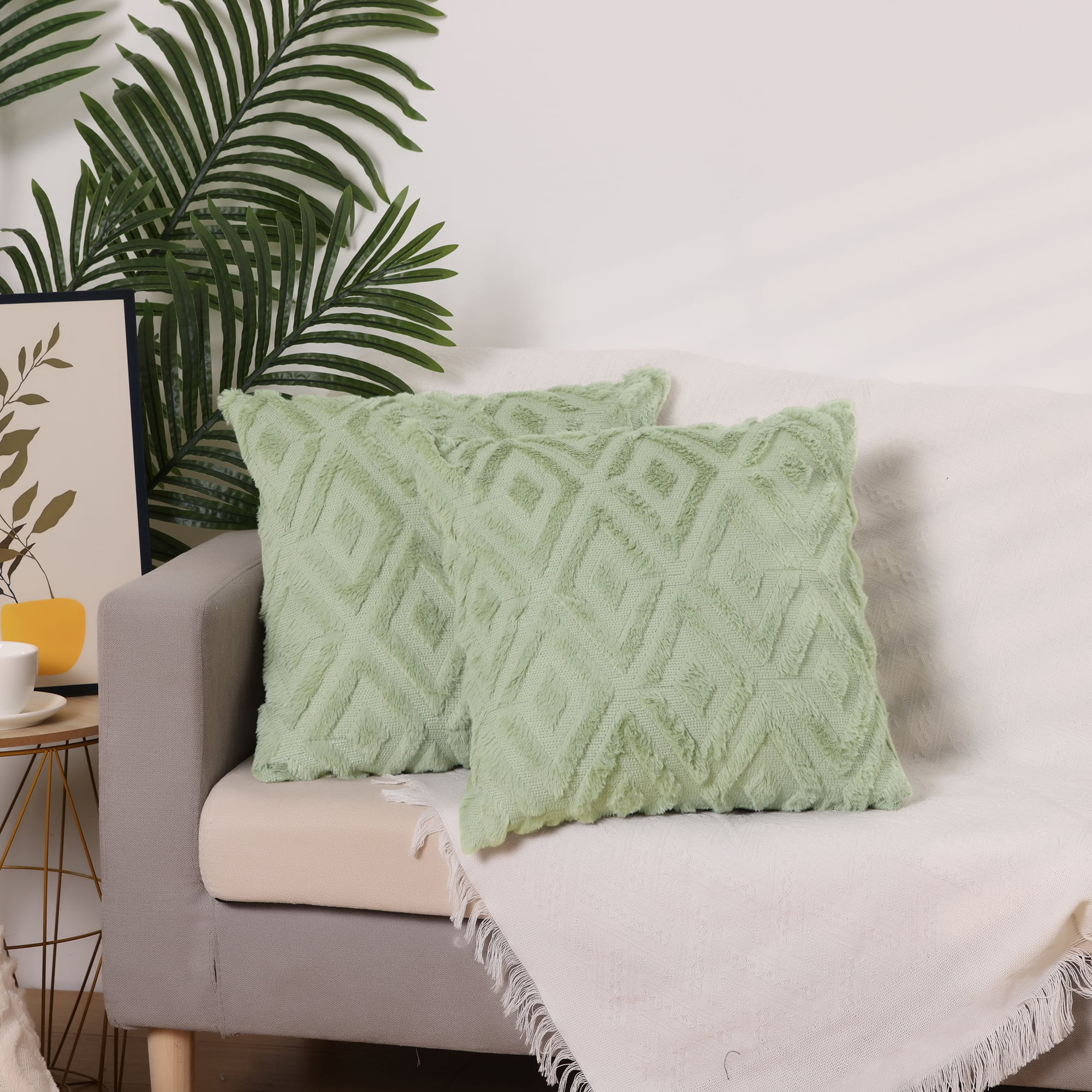 Unique Bargains 4 Pack Shaggy Plush Throw Pillow Covers Soft Couch Pillow Covers Set Green-1/Grey-2 16" x 16"