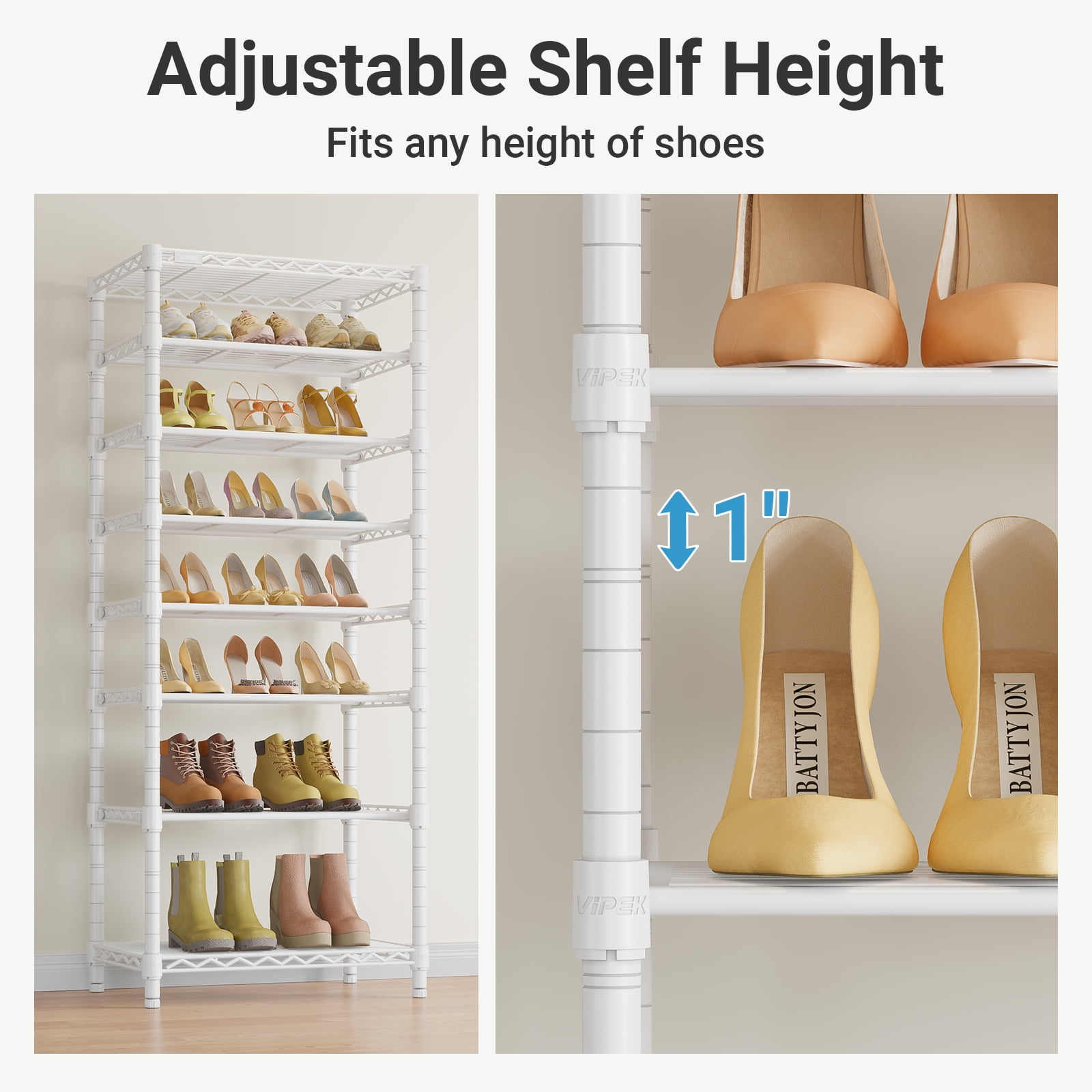 VIPEK S1 Shoe Rack, 8-Tier Metal Durable Shoe Organizer, Heavy Duty Large Capacity Up to 24 Pairs, Adjustable & Detachable Shoe Shelves for Entryway/Bedroom/Closet, Holds Up to 544 lbs, White