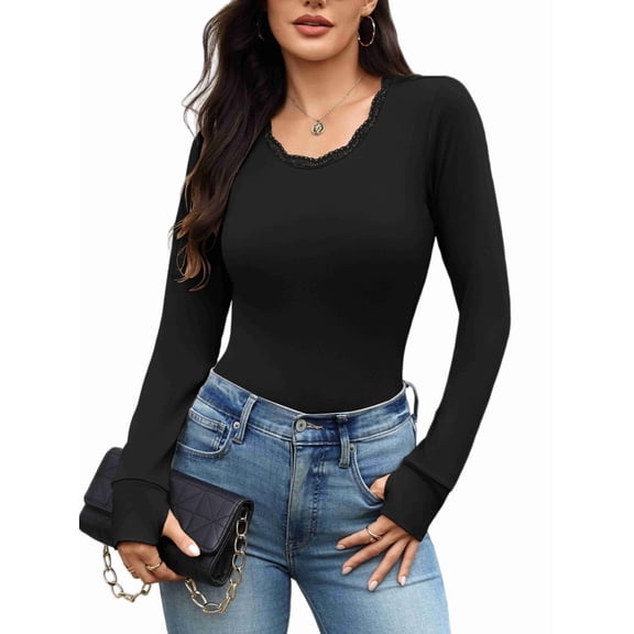 Ekouaer Womens Long Sleeve Shirt Thermal Top Soft Lightweight Base Layer Shirt with Lace Trim Warm Scoop Neck Underwear for Winter