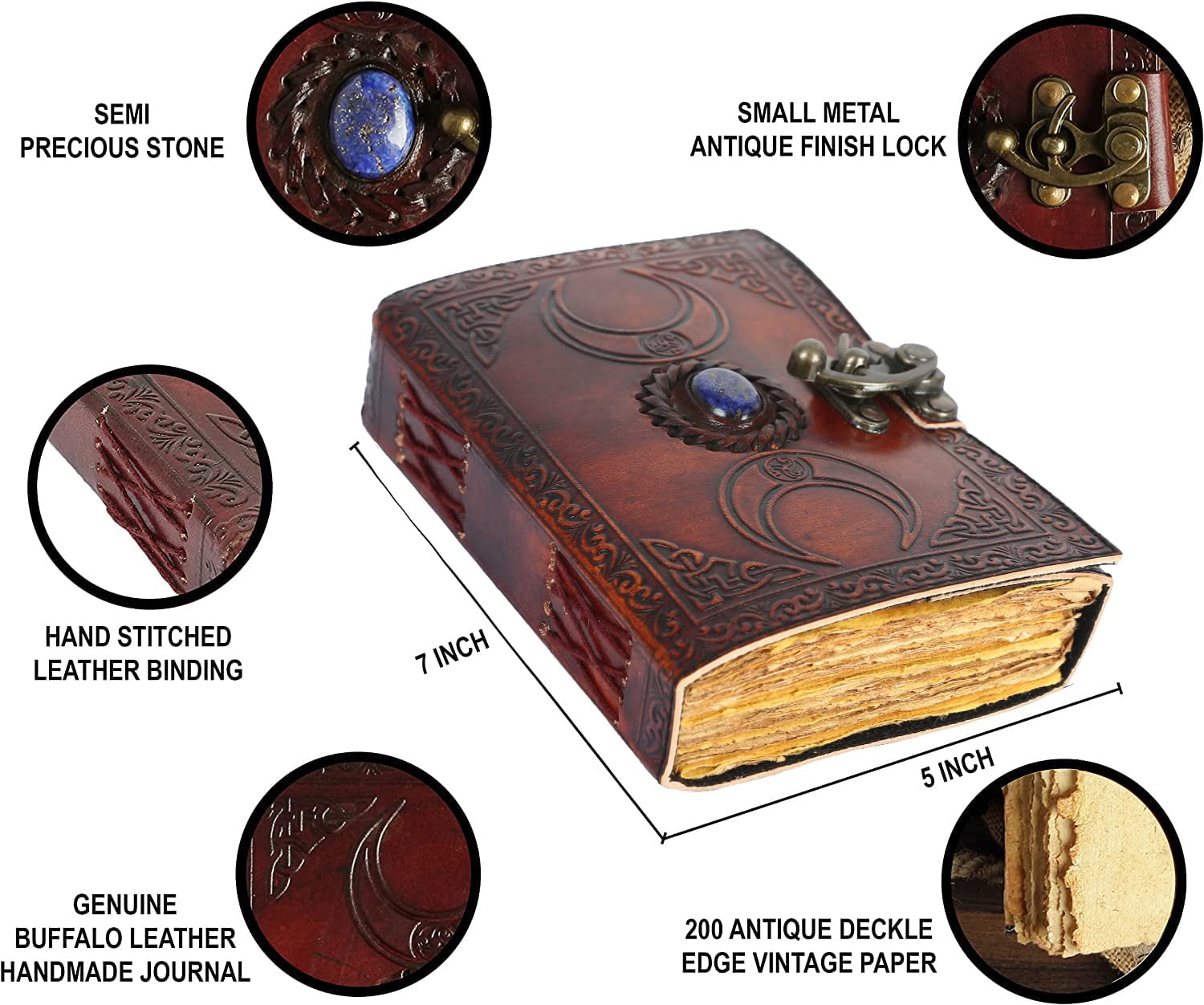 Leather Journal Handmade Third Eye Stone Celtic Triple Moon New Embossed Vintage Daily Notepad Unlined Paper 7 x 5 Inches, Sketchbook & Writing Notebook