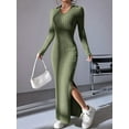 thumbnail image 6 of Women'S Long Sleeve Collar V Neck Maxi Dress Slit Thigh Ribbed Knit Bodycon Dresses Green L, 6 of 9