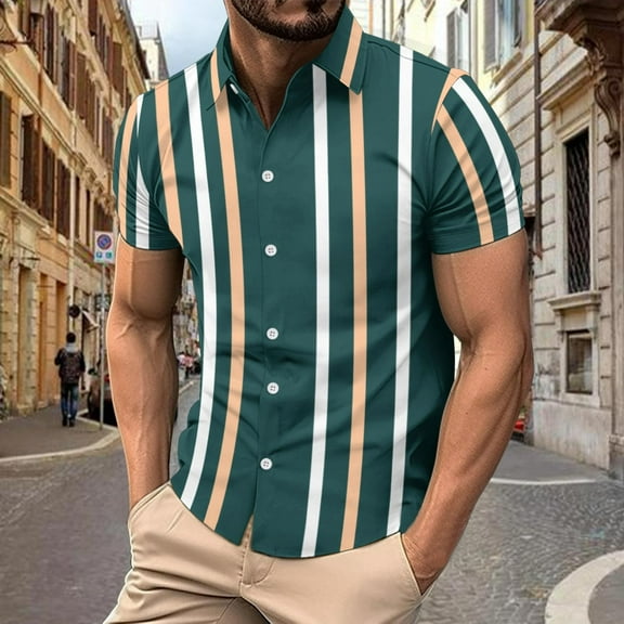 ALLLIST Casual Men's Shirts Short Sleeve Collared Button Down Shirts Green Striped Men's Clothes