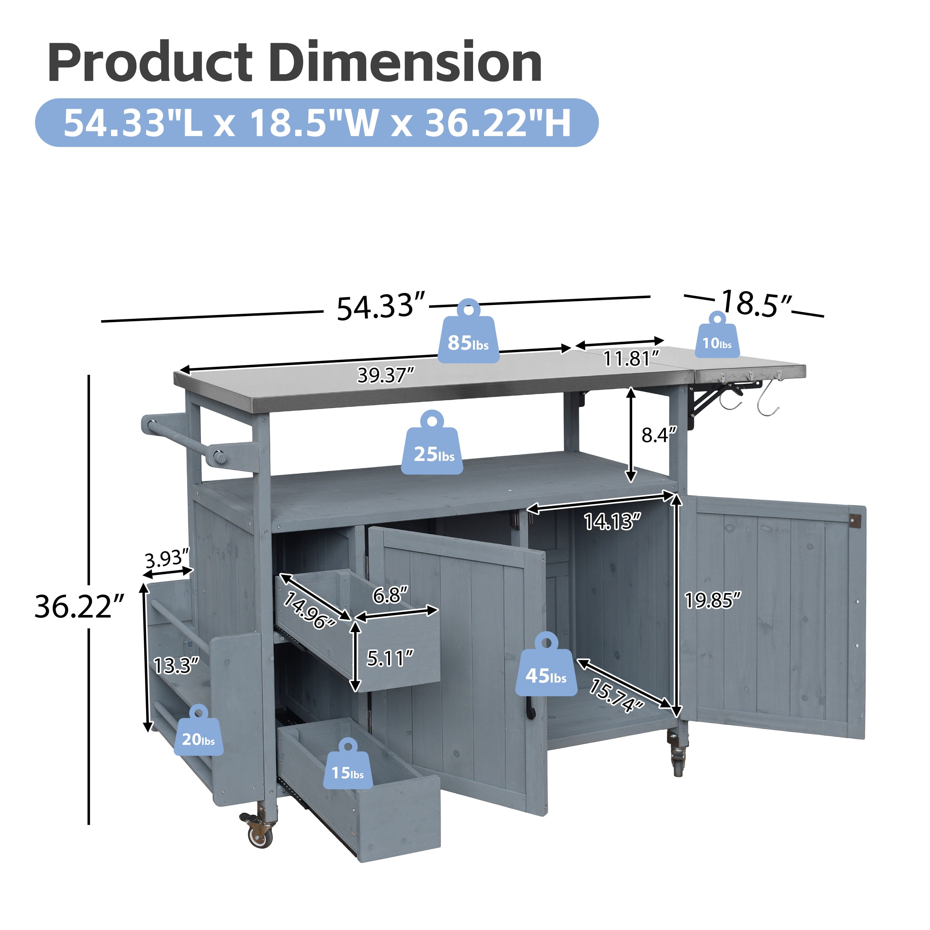 Rolling Kitchen Cart, 54.33 Inch Farmhouse Outdoor Serving Cart for Patio Backyard BBQ, Cream