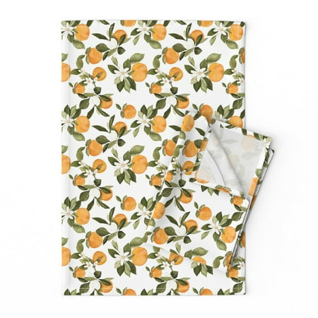 

Printed Tea Towel Linen Cotton Canvas - Orange Blossom Oranges Blossoms Leaves Fruit Watercolor Spring Summer Citrus Print Decorative Kitchen Towel by Spoonflower
