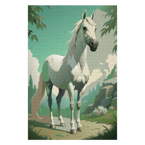 Puzzles for Adults 300 Pieces - Horse With White Mane Tail Is Standing Field Best Challenging Puzzles for Cognitive Workout - Safe Eco-Friendly - Most Popular Leisure Activities