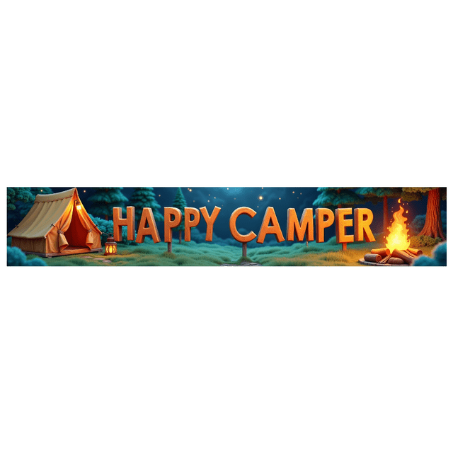 Forest Design Happy Camper Tent Banner Campfire Nature Scene for Outdoor Adventure Camping Event