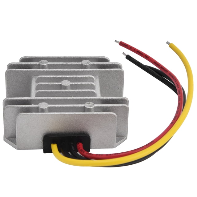 regulador reductor de voltaje nikoumx dc 12v/24v compacto y liviano módulo frontal con aletas disipadoras de aluminio plateado, carcasa aprox. 66x58x23mm y tres conductores pelados (rojo, negro, amarillo); adecuado para motores, tiras LED, cámaras y sistemas de navegación, y a menudo usado para alimentar accesorios eléctricos en vehículos.