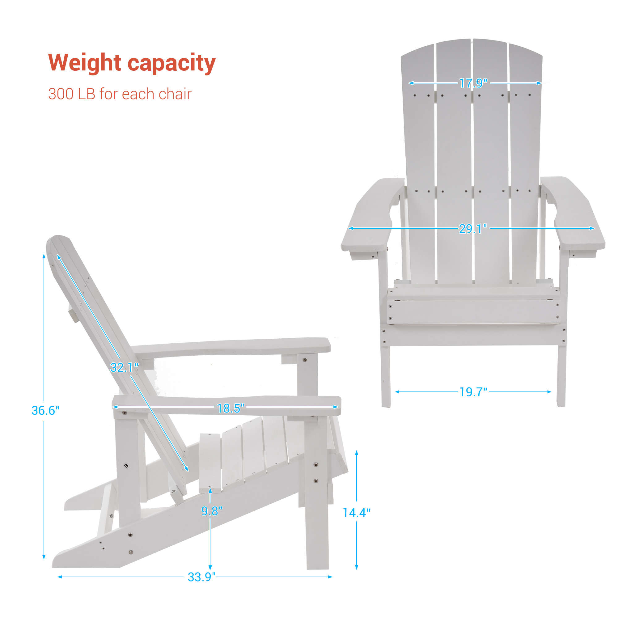 CHYVARY Patio Adirondack Chair Set of 2, HIPS Plastic Single Chairs, Lawn and Garden Chair Fire Pit Outdoor Lounge Chair for Backyard Deck, White