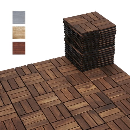 Beefurni Wood Deck Tiles, 10 Piece Interlocking Patio Flooring with Plastic Base, Dark Brown
