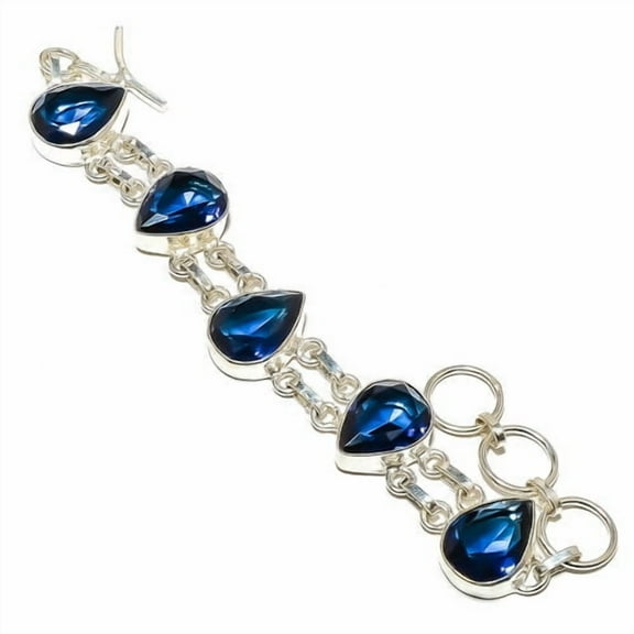Blue Sapphire (Simulated) 925 Sterling Silver Link Bracelet 7.99" T22, Gemstone Jewelry, Birthday Gift, Beautiful Jewelry For Woman & Girls