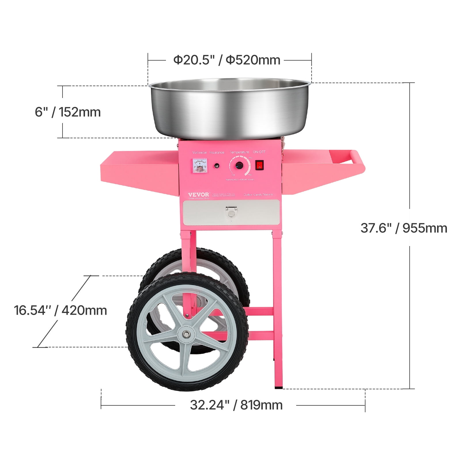 VEVOR Electric Cotton Candy Machine with Cart, 1000W Commercial Candy Floss Maker with 20.5 in Stainless Steel Bowl, Sugar Scoop, and Drawer, Easy to Use, for Home, Kids Birthday, Family Party, Pink