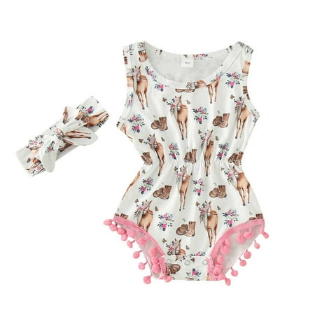 

Toddler Baby Girls Climbing Clothes Sleeveless Cartoon Printed Tassels Pullover Romper Bodysuits Headbands Set For 0-3 Months