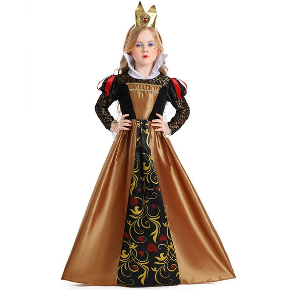 Girls Queen Costume with Headband Halloween Red Hearts Dress