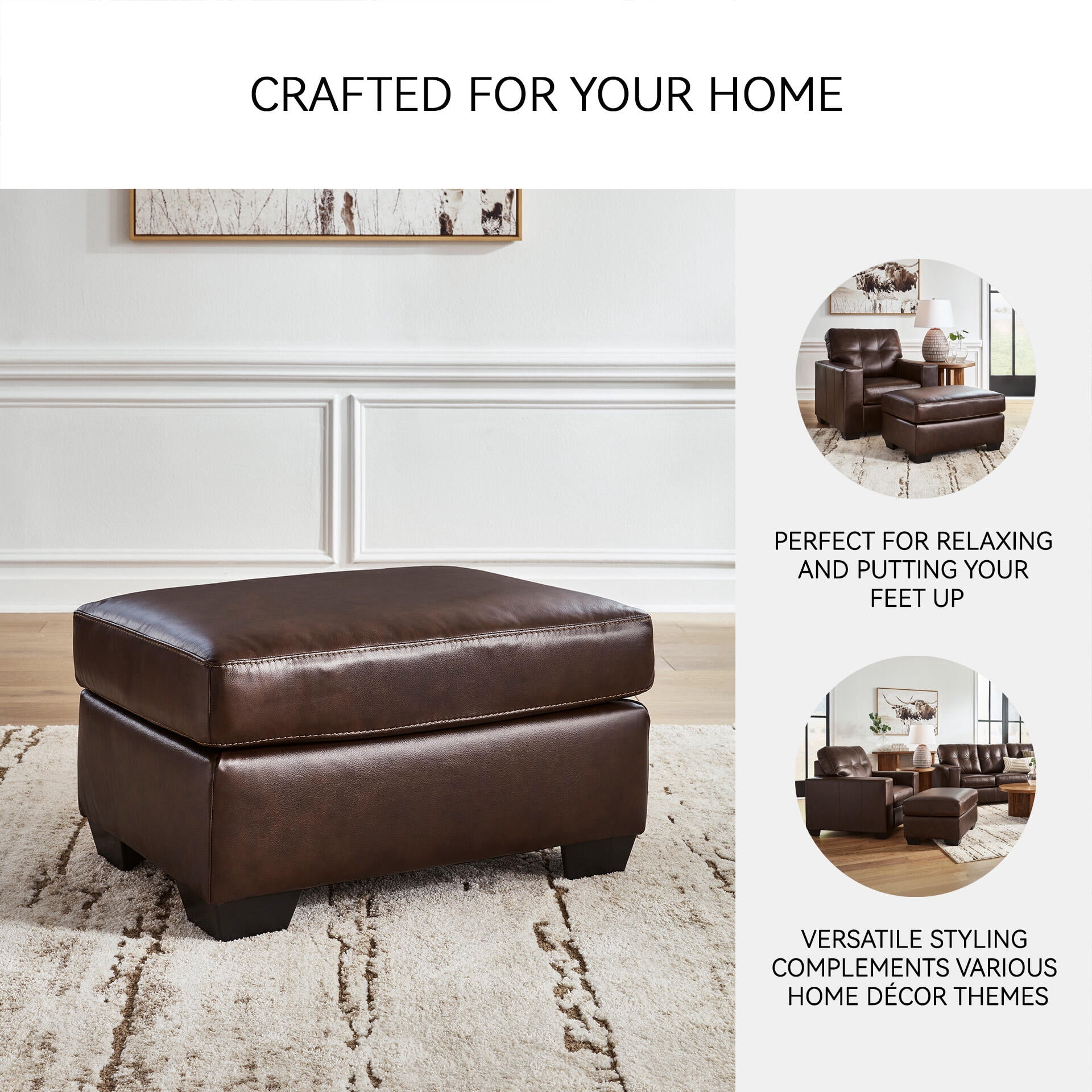 Signature Design by Ashley Santorine Leather Ottoman in Dark Brown