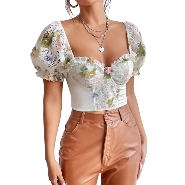 TRKIYQC Mujeres Crop Tops, Manga Corta Puff Estampado Floral Ruffle Street Casual Party Street Otoño Primavera Tops TRKIYQC moda