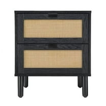Sango Orre 2-Drawer Mid-Century Nightstand with Rattan Detail, Black/Brown