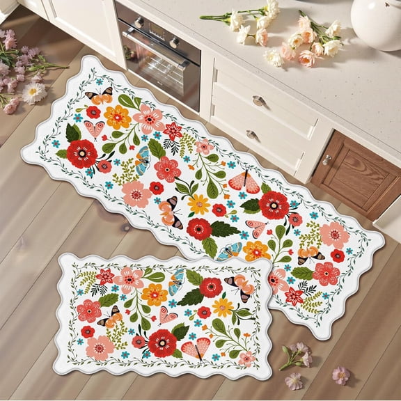 RLESO Scalloped Kitchen Mats for Floor 2PC Cushioned Anti Fatigue Kitchen Mats Rugs Waterproof Non Slip Farmhouse Boho Floral Comfort Foam Standing Mat for Sink Laundry, White