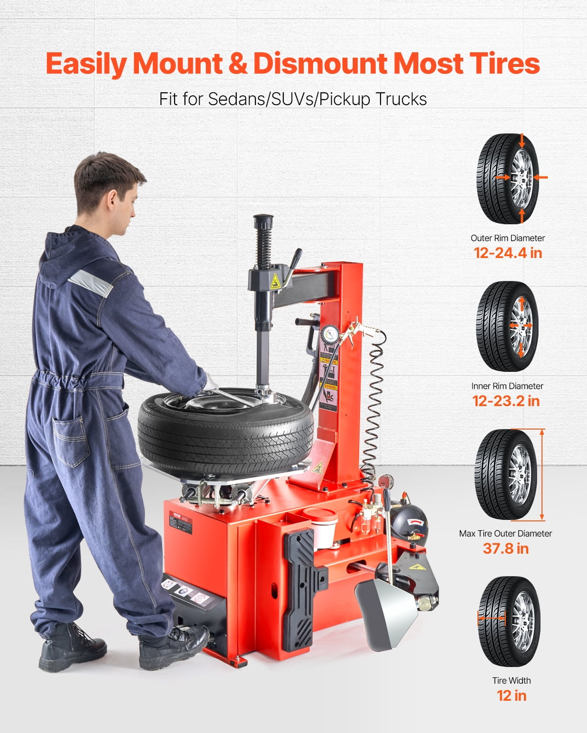 VEVOR Tire Changer Machine, 1.5HP Copper Motor, Durable Tire Changer with Air Pressure Gauge & Clamping Jaw Sheath, Pedal Operated Tire Changer with Thickened Chuck, Fit for Sedans/SUVs