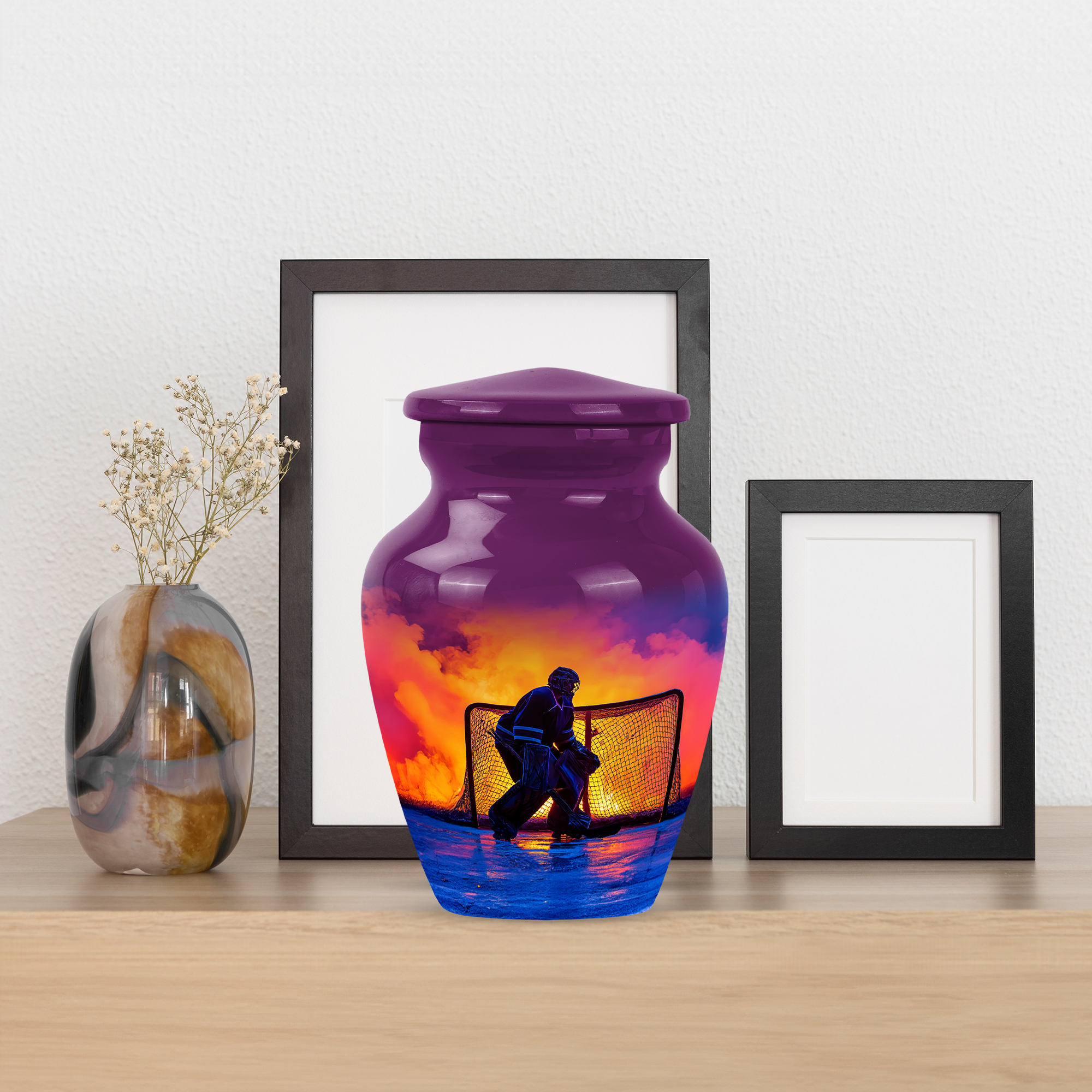 MUKTIVE Ice Hockey Mini Urns for Human Ashes, Purple Small Urn for Ashes for Women, Keepsake Urn for Mother& Father Burial Ash, Goalkeeper Urns for , Funeral, Burial & Memorial Settings