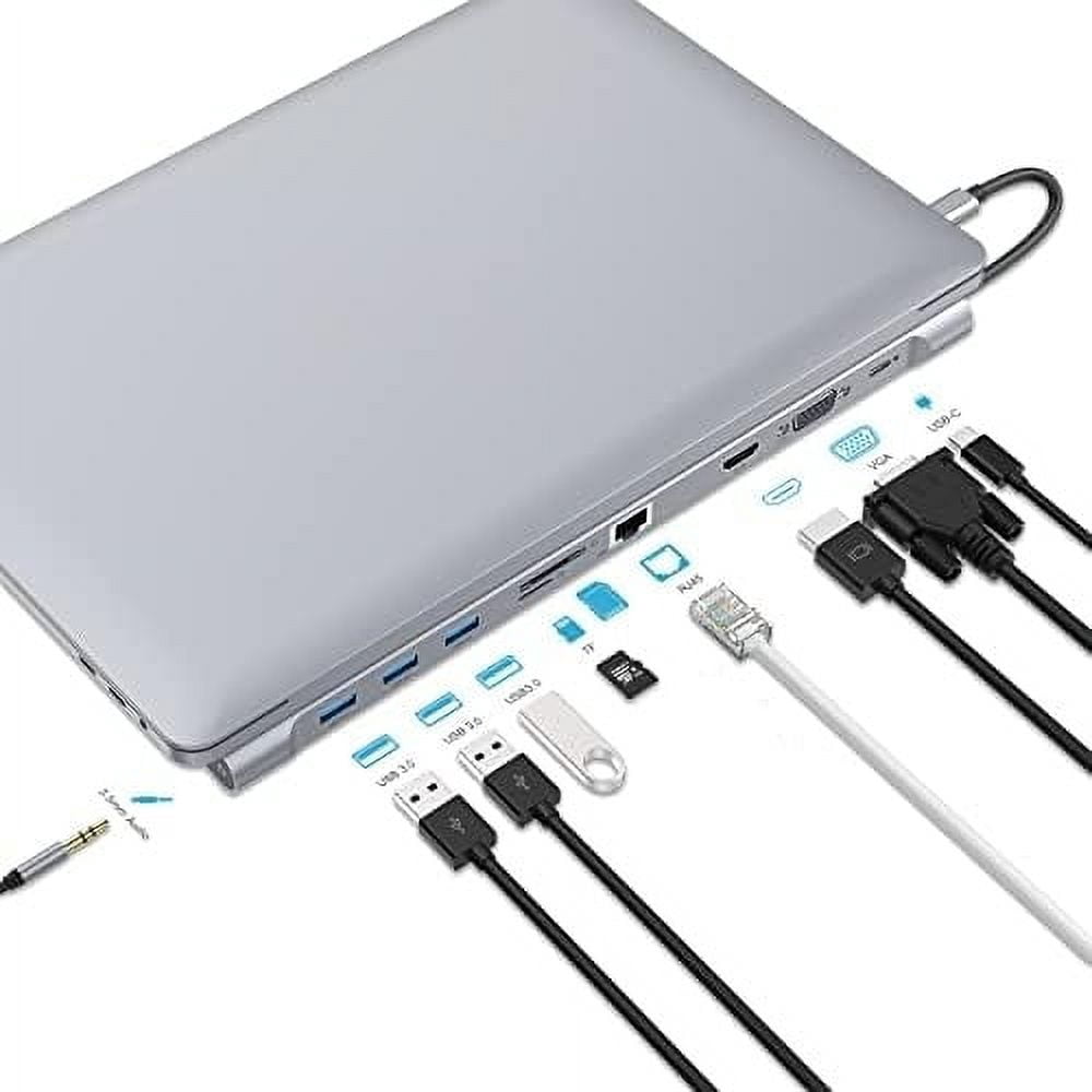 USB C Docking Station for Laptop, USB C Hub 10 in 1 USB C Adapter Docking Station with 4K HDMI & VGA, 3 x USB 3.0, Gigabit Ethernet RJ45 LAN, USB C PD, SD/TF Card Reader, 3.5mm Audio/Mic
