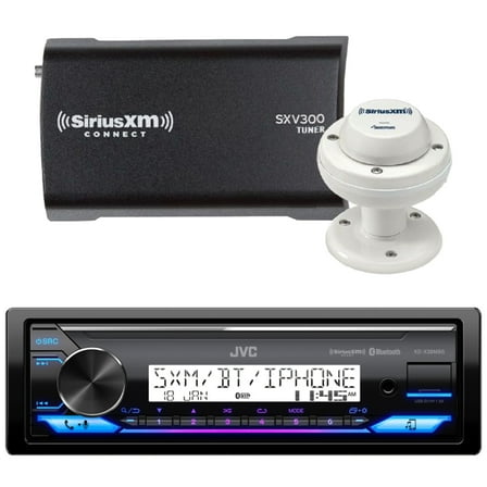 JVC KD-X38MBS Single DIN Marine MotorSports Bluetooth USB AUX LED Illumination AM/FM Radio Stereo SiriusXM Ready Amazon Alexa Receiver Satellite Radio Tuner Bundle with SRA50 Marine/RV Antenna