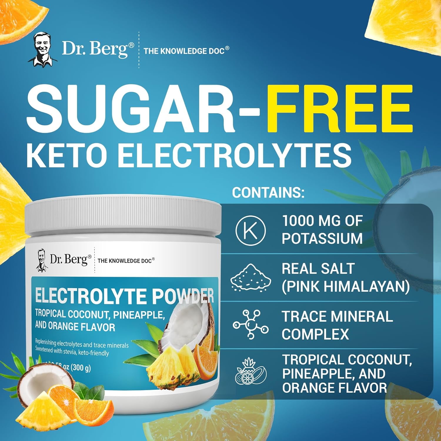 Dr. Berg Electrolyte Powder - Tropical Coconut, Pineapple & Orange Hydration Powder, 50 Servings