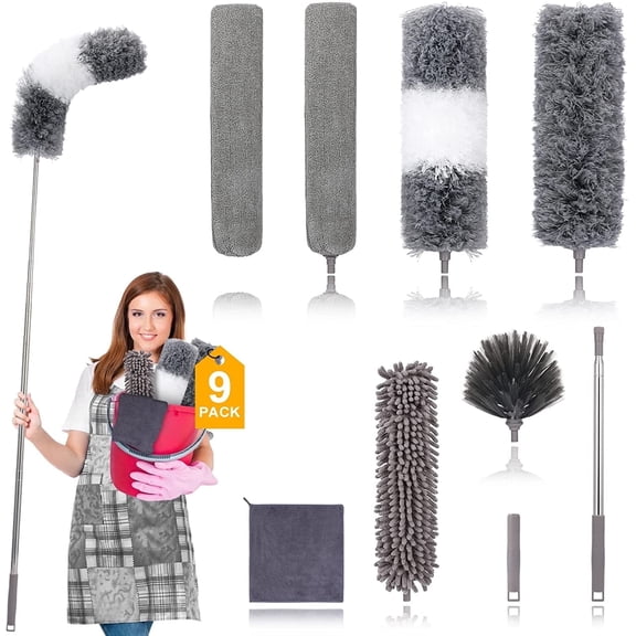 Happylost Dusters for Cleaning, 9PCS Extendable Feather Duster with Extension Pole 30 to 100 inches, Microfiber Reusable Washable Long Dusters for High Ceiling Fans, Furniture, Cobweb, Gray