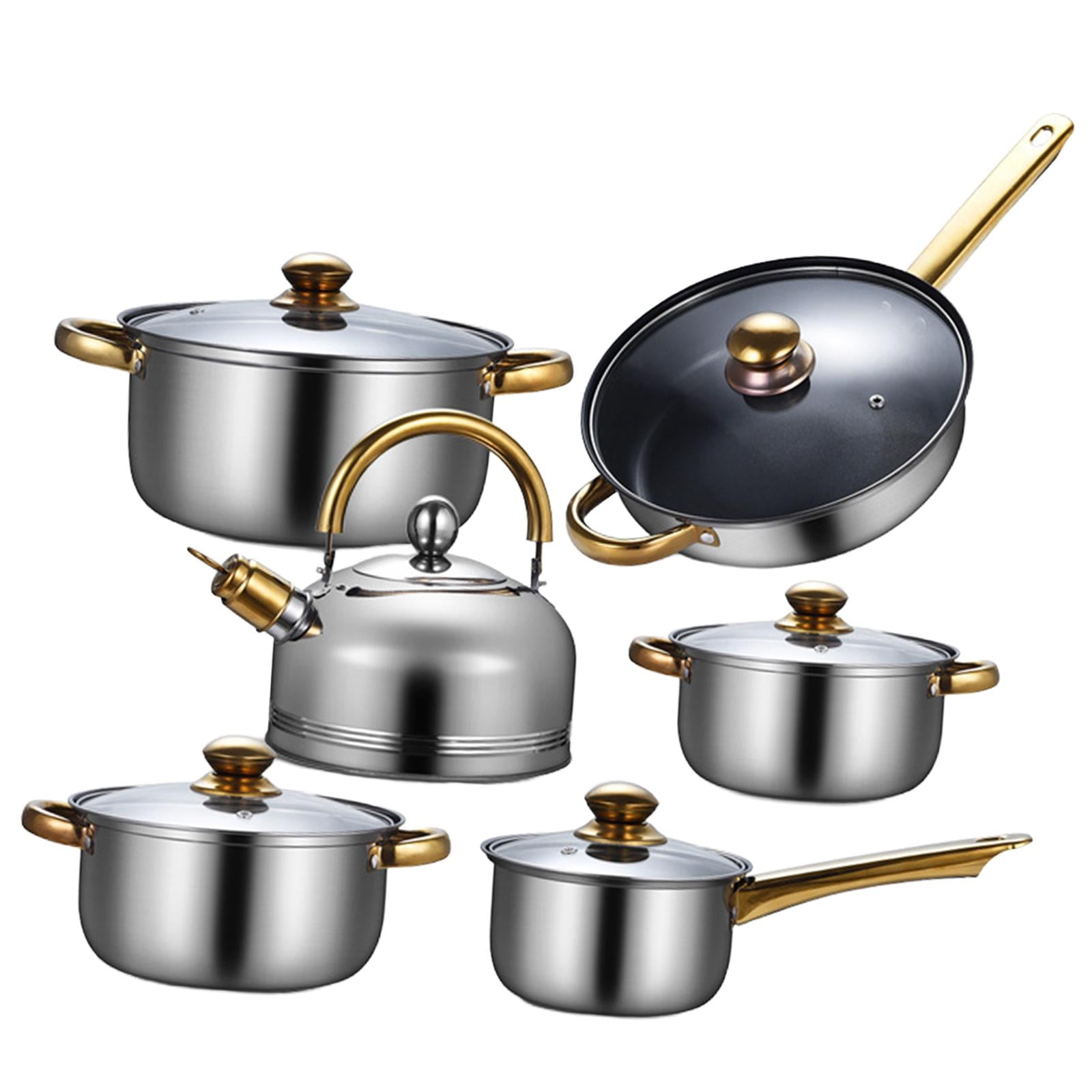 Nishiyuenyi 6x Pots and Pans Set Soup Pot with Glass Lid Nonstick Pan Cookware Set Stainless Pans with kettle