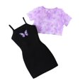 thumbnail image 2 of Nrmvnmi Girls' Summer Casual Mesh Jacket Printing Dress Two Piece Set Purple-6Y, 2 of 9