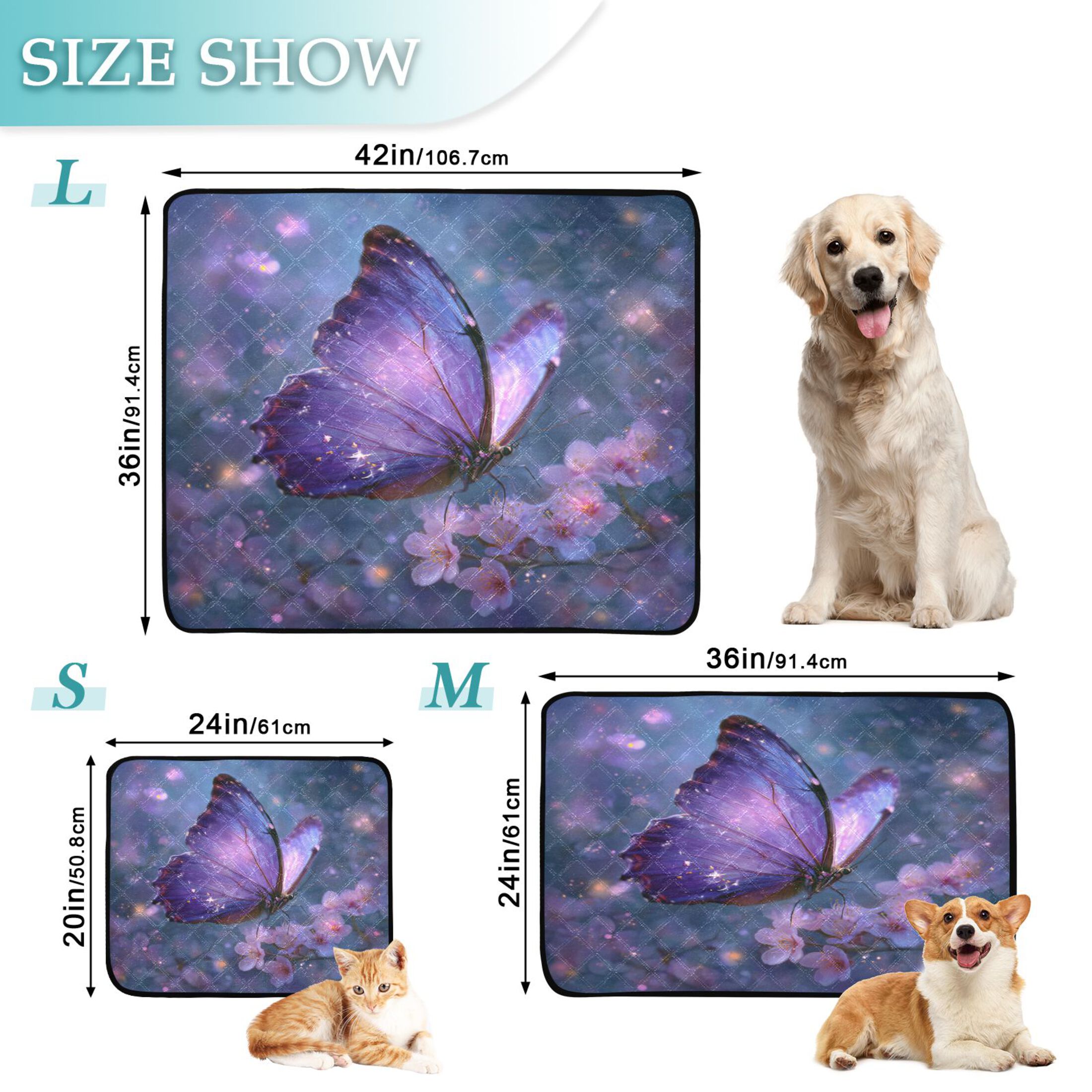 Qxltty Sakura Purple Butterfly Cat litter Pads Pet Set of 3 Diaper Mats Center Anti-leakage Layer Absorbent Soft and Comfortable