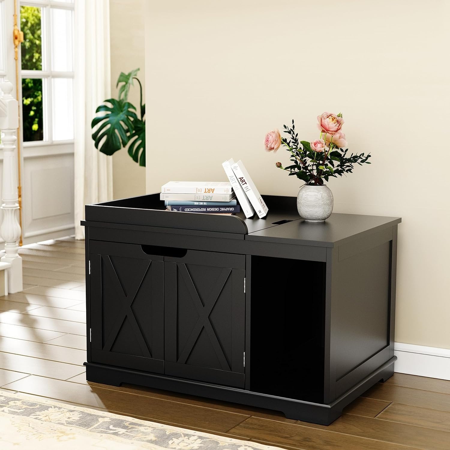 Litter Box Enclosure Furniture, Litter Box Cabinet with Flip Top, 31.5" Indoor House Washroom for Kitty, Medium and Large , Black