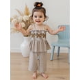 thumbnail image 5 of BemeyourBBs Toddler Baby Girls Football Outfit Cute Infant Baby Girls Summer Clothes Plaid Print Bow Football Embroidery Sleeveless Smocked Camisole Tank Top Elastic Waist Wide Leg Pants Set, 5 of 9