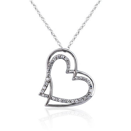 CZ Platinum over Sterling Silver Double Heart Pendant, 18
