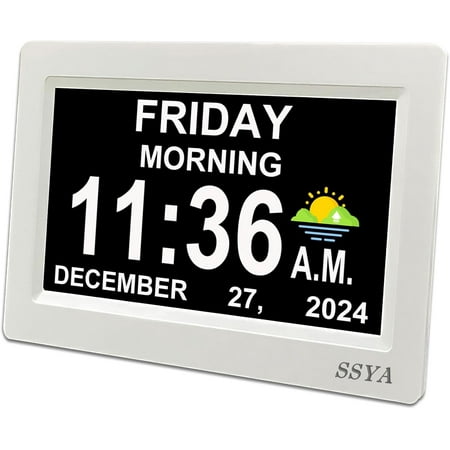 Digital Calendar Alarm Clock - Dementia Clocks for Seniors, Non-Abbreviated Memory Loss Clock with Date and Time for Elderly (White)