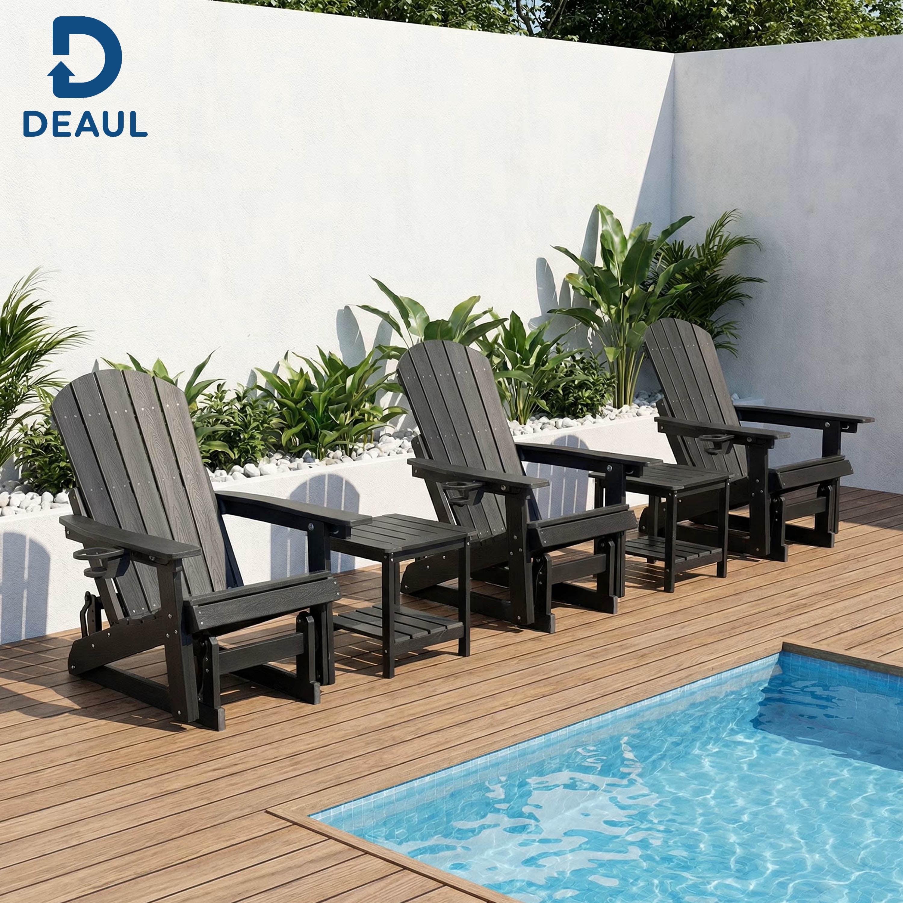 DEAUL HDPE Adirondack Outdoor Glider Chair, 3-Position Adjustable Backrest Patio Glider Rocker, All-Weather Heavy Duty Rocking Chair for Pool, Yard, Black (1 Pack)