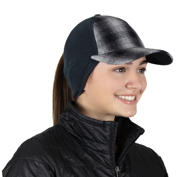 TrailHeads Women's Winter Ponytail Hat | Trucker Hat with drop down ear warmers - grey plaid