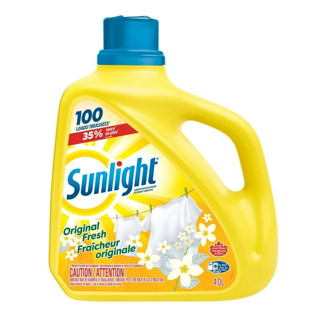 Yellow 4.0L bottle of Sunlight Original Fresh concentrated liquid laundry detergent for 100 washloads with blue cap and floral design