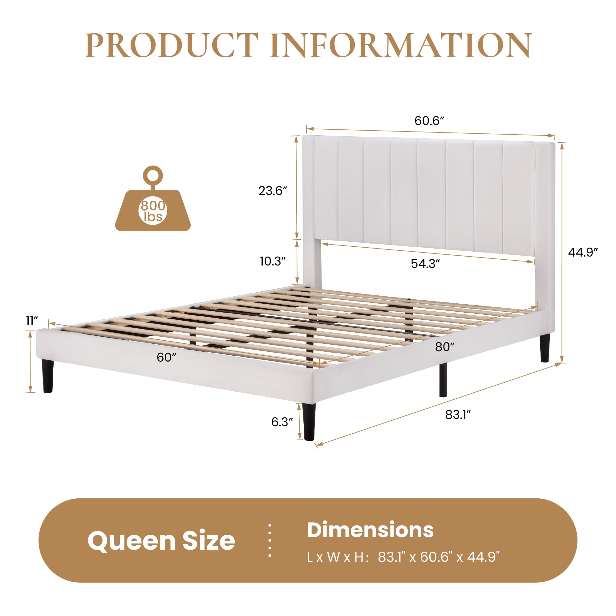 SHA CERLIN White Queen Size Platform Bed Frame with Velvet Channel Headboard, Adult