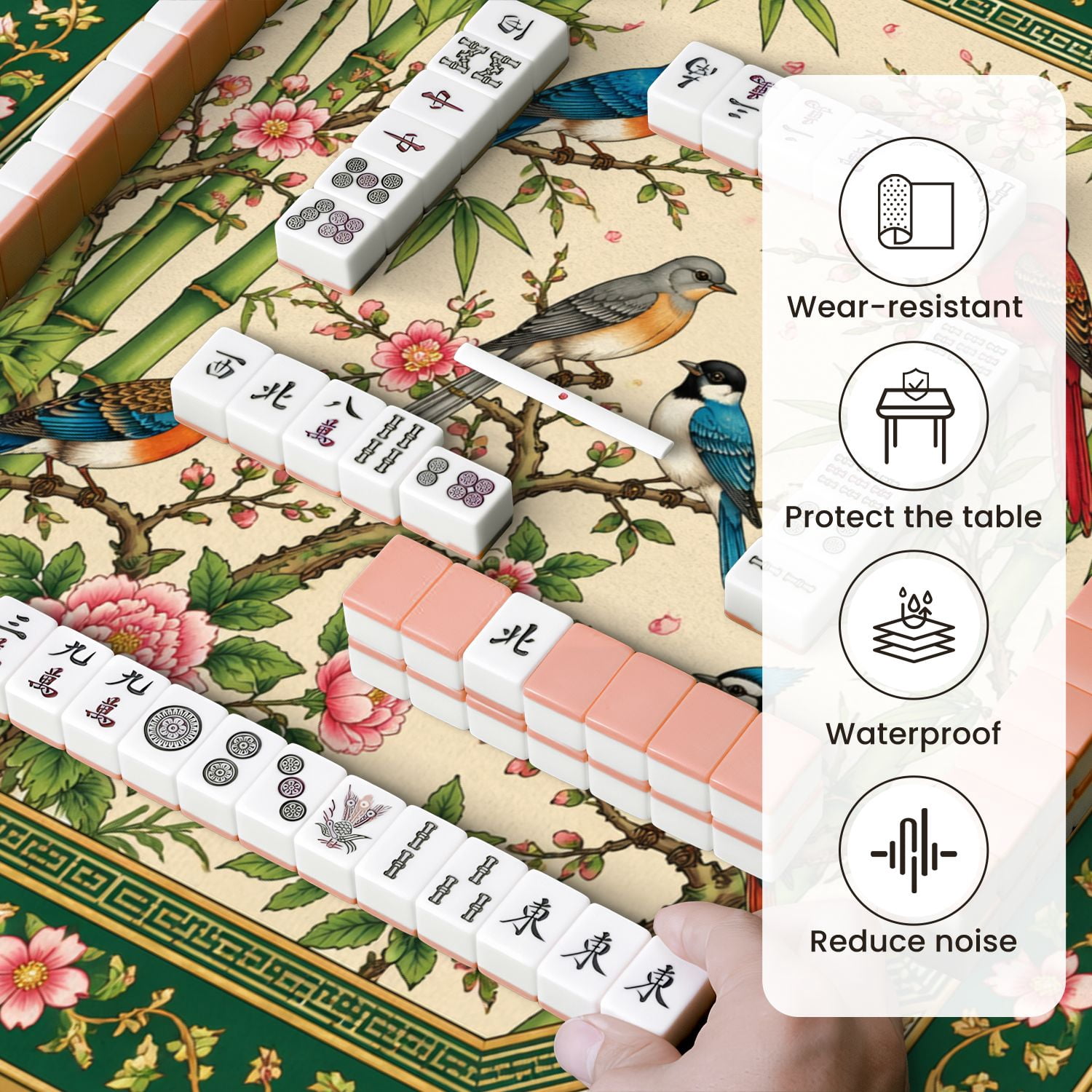 Mahjong Mat 31.5" x 31.5" Ornamental Birds Floral Bamboo Green Frame Non-Slip Noise Reduction Mahjong Tiles Table Cover for Dominoes Poker Card Board and Tile Games