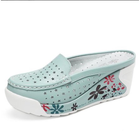 

Hollow Out Wo Genuine Leather Platform Shoes Wedges White Lady Casual Shoes Swing Mother Shoes Woman Flip Flop