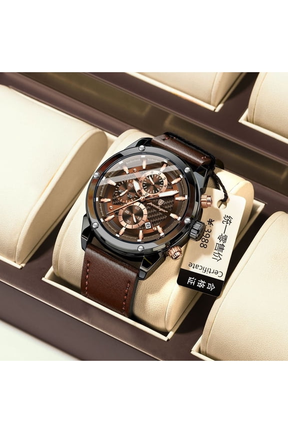 Men's Quartz Leather Watch Waterproof, Six-Hand Chronograph, Date & Luminous Dial