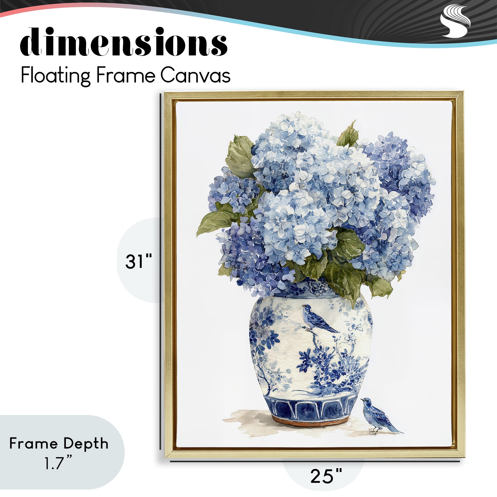 Stupell Industries Blue Bird & Hydrangea Vase Gold Framed Floater Canvas Wall Art, design by Imagine It Images
