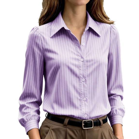Njagoc3 Business Casual Tops for Women | Collared Button Down Long Sleeve Striped Shirt with Elastic Cuffs | Relaxed Fit for Fall Office Wear & Daily Activities,Purple,XXL