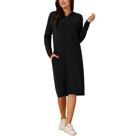 INSPIRE CHIC Women's Hoodie Dress Casual Pullover Sweater Long Sleeve Sweatshirts Midi Dress with Pocket Black M