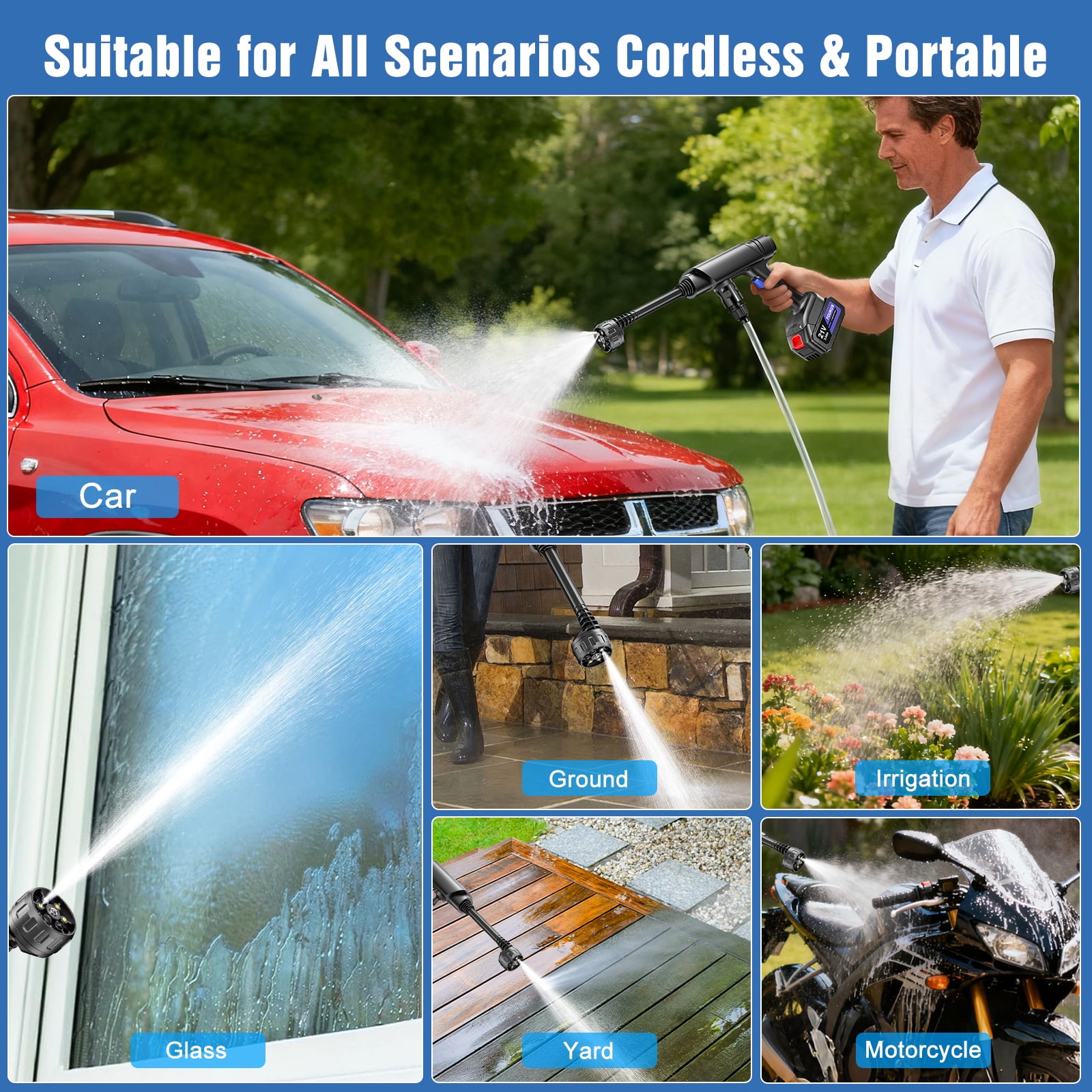 FOUKUS Cordless Pressure Washer 1200PSI Portable Power Cleaner: 6-in-1 Nozzle Jet & Foam Sprayer, 21V Battery Powered Electric High-pressure System with 20FT Hose for Home, Garden & Car Wash