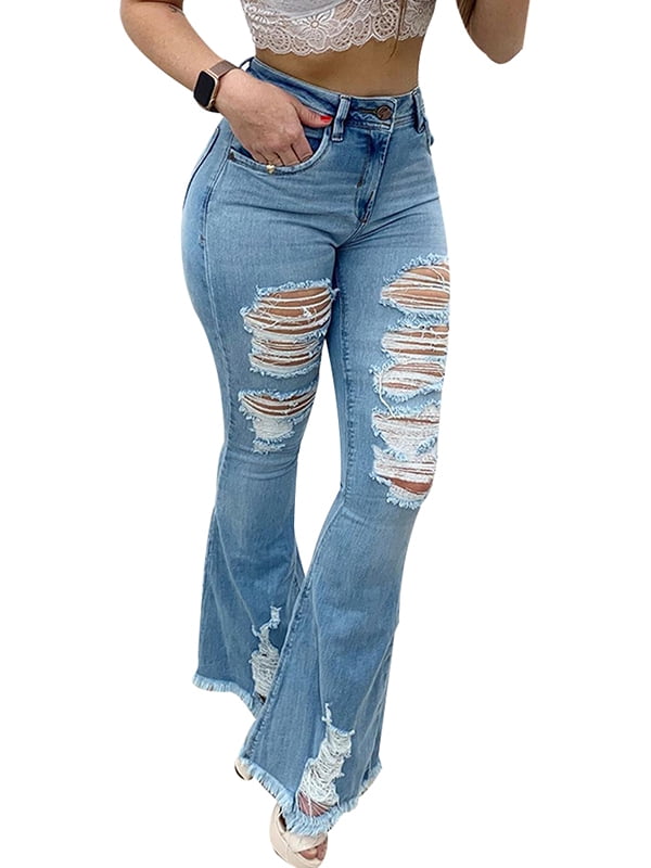 Qcuber Women Fitted Bell Bottom Jeans Ripped Destroyed Denim Pants ...