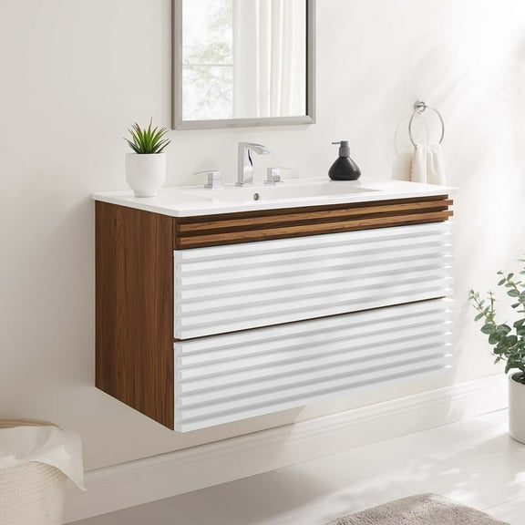 Modway Render 36" Wall-Mount Bathroom Vanity in White Walnut White