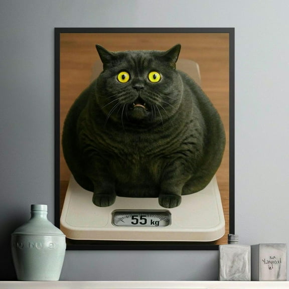 Funny Fat Cat on scales Posters, Obese Pet, Humor Prints, Weight Scale Animal, Black Cat Art, Cute Cat Posters, Home Decor, Wall Art, Gift, 8x12