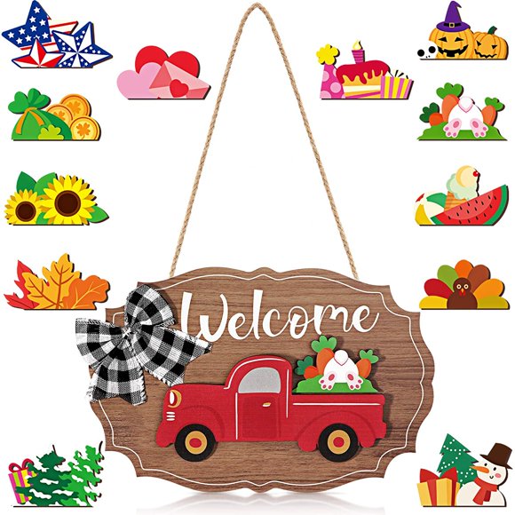 HTOOQ 12 Pieces Truck Welcome Sign Front Door Red Truck Decor with Interchangeable Wooden Cutouts for Holiday Independence Day Halloween Christmas (Wood Color) Wood Color -